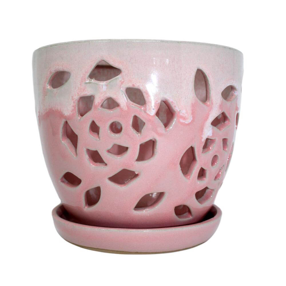 large pink ceramic plant pots 8" Cream Over Cotton Candy Floral Cutout Ceramic Planter – rePotme