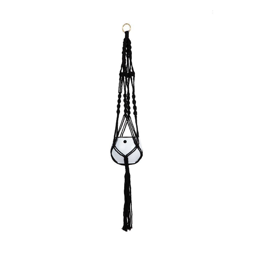 black and white macrame plant hanger Macrame Hanger Self Watering Set- Obsidian Black + Designer White