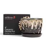 5" Honey Cream Over Coffee Floral Cutout Orchid Pot