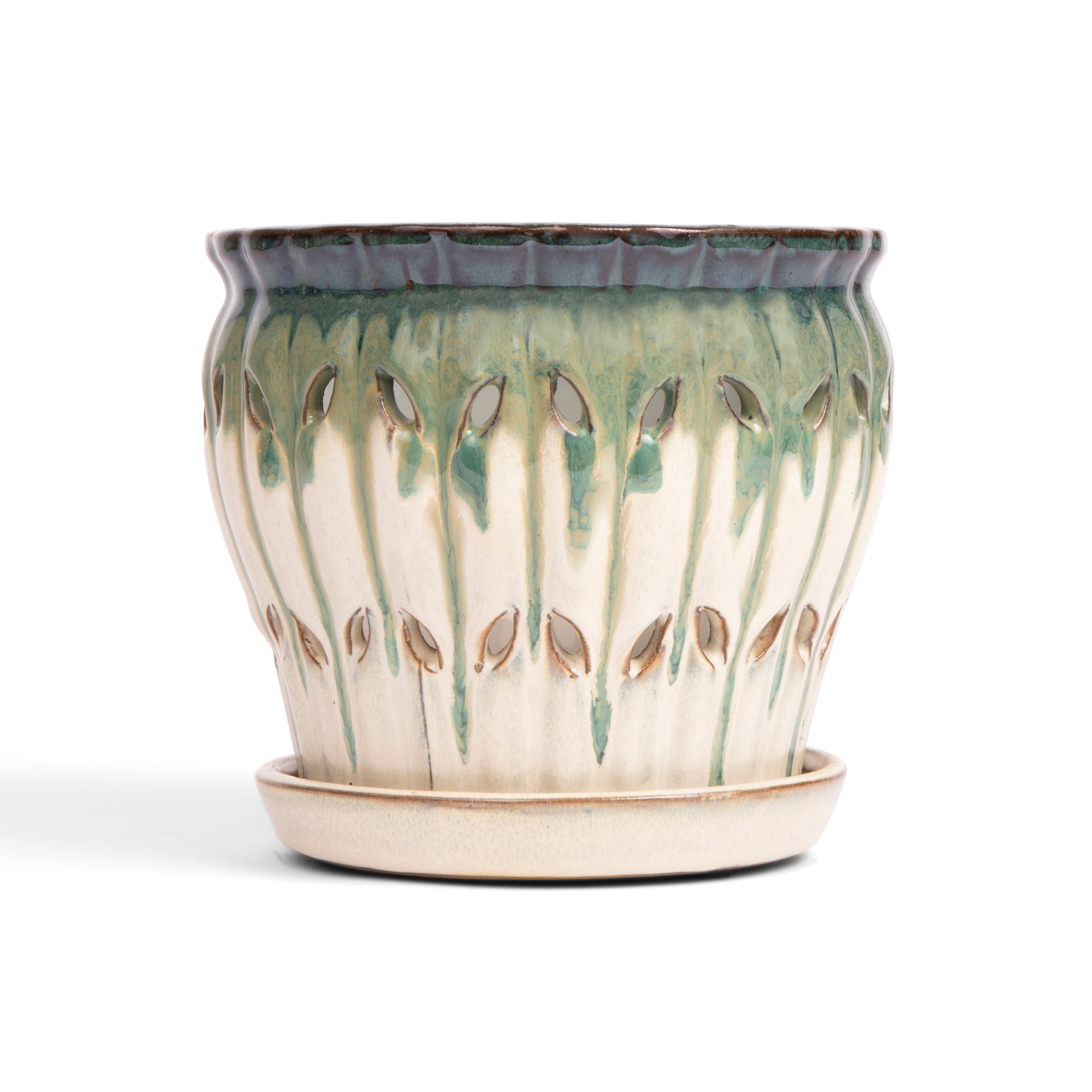 orchid ceramic plant pots 6" Evergreen Emerald Over Cream Pinwheel Fluted Orchid Pot