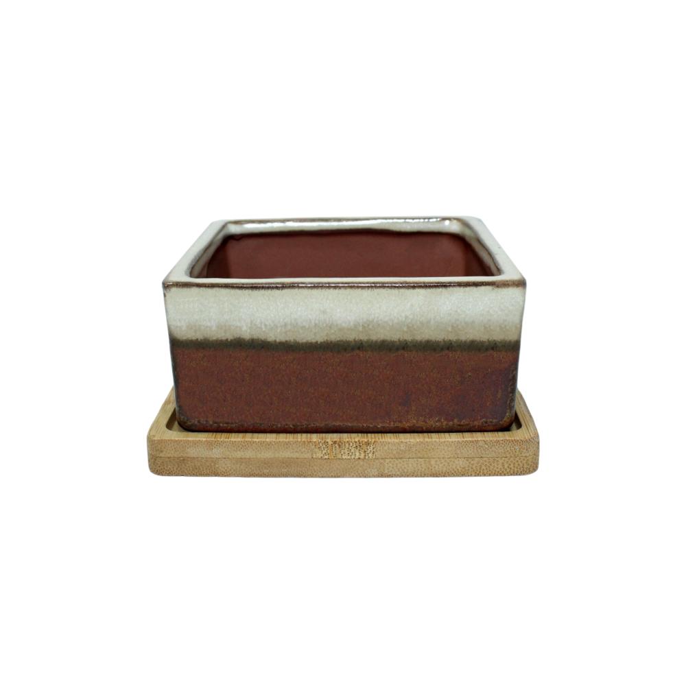 square succulent pots 4" Honey Cream Over Copper Square Ceramic Succulent Pot With Decorative Bamboo Saucer