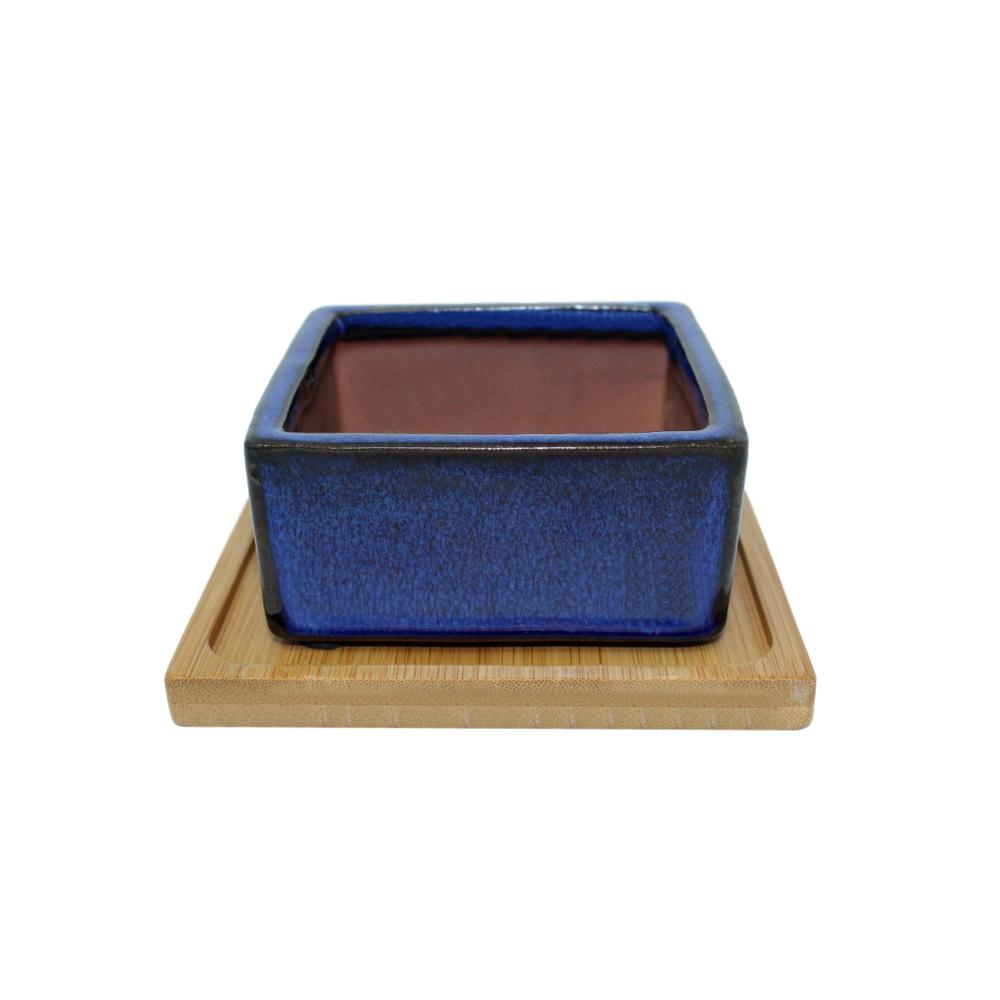 succulent pot with saucer 4" Midnight Blue Square Ceramic Succulent Pot With Decorative Bamboo Saucer