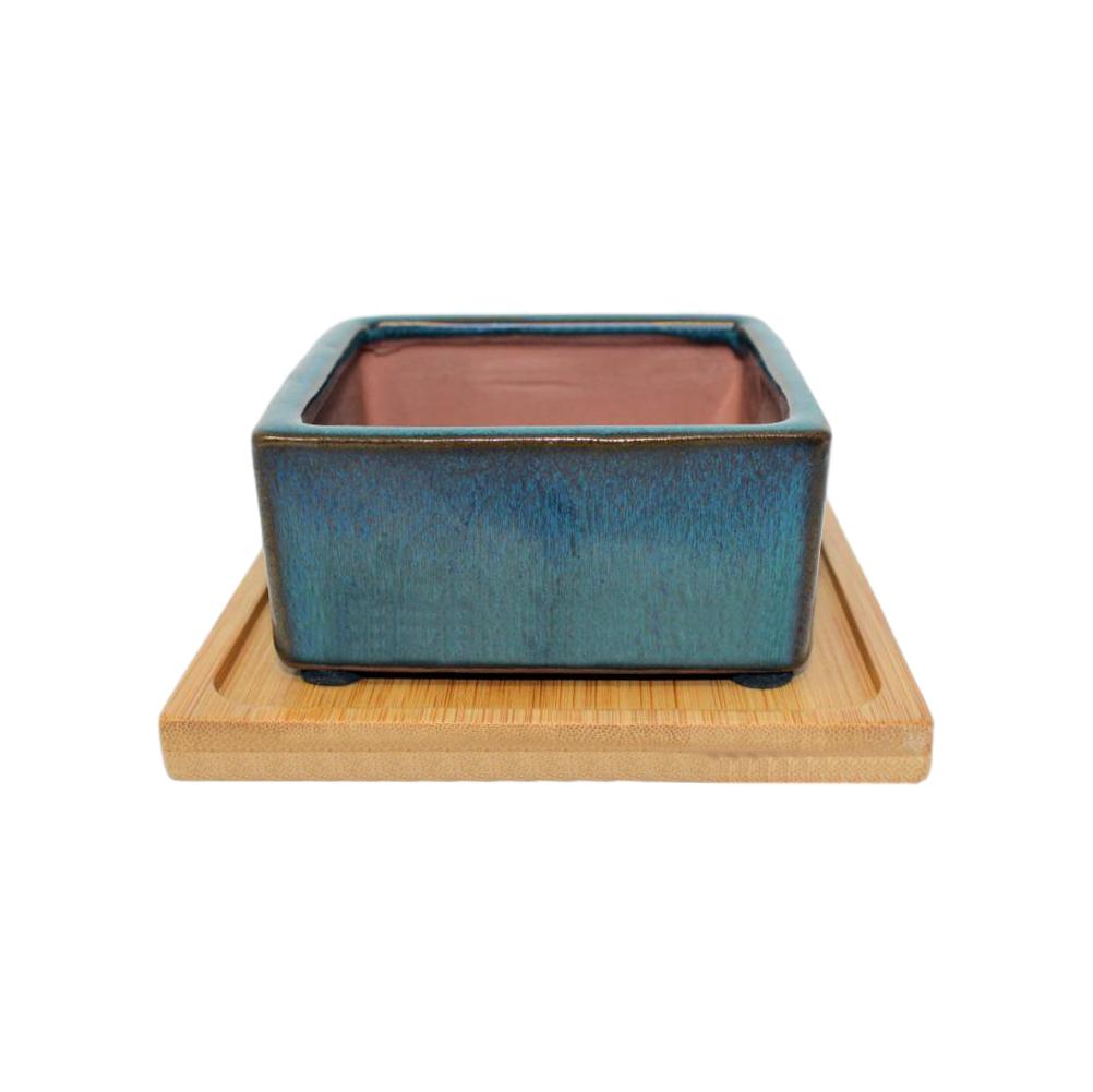 square succulent pots 4" Teal Jade Square Ceramic Succulent Pot With Decorative Bamboo Sauce – rePotme