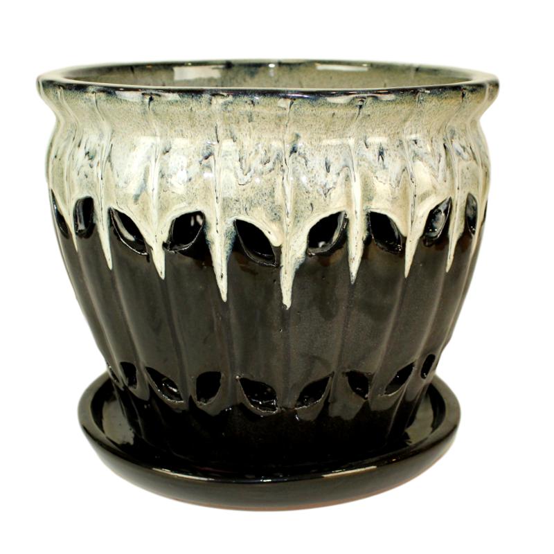 black and cream plant pot 8" Honey Cream Over Coffee Pinwheel Fluted Ceramic Planter