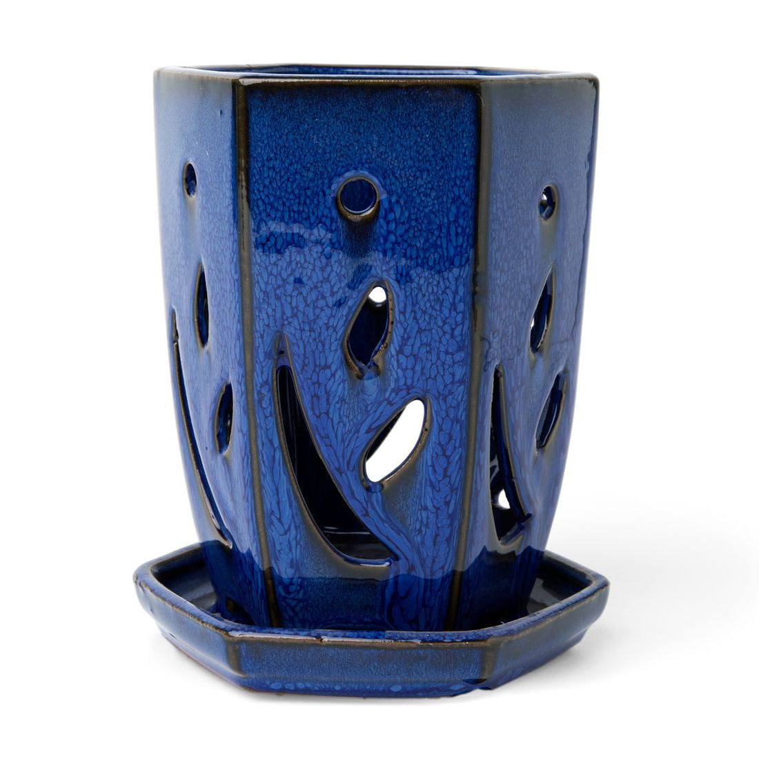 ceramic plant pots for orchids 4" x 6" Midnight Blue Fluted Hexagon Ceramic Orchid Pot