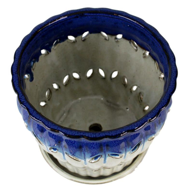 8" Cobalt Blue Over Cream Pinwheel Fluted Ceramic Planter