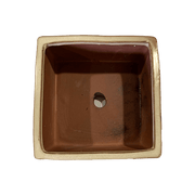 5" Honey Cream Over Copper Square Ceramic Succulent Pot With Decorative Bamboo Saucer