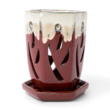 4" x 6" Cream Over Garnet Fluted Hexagon Ceramic Orchid Pot
