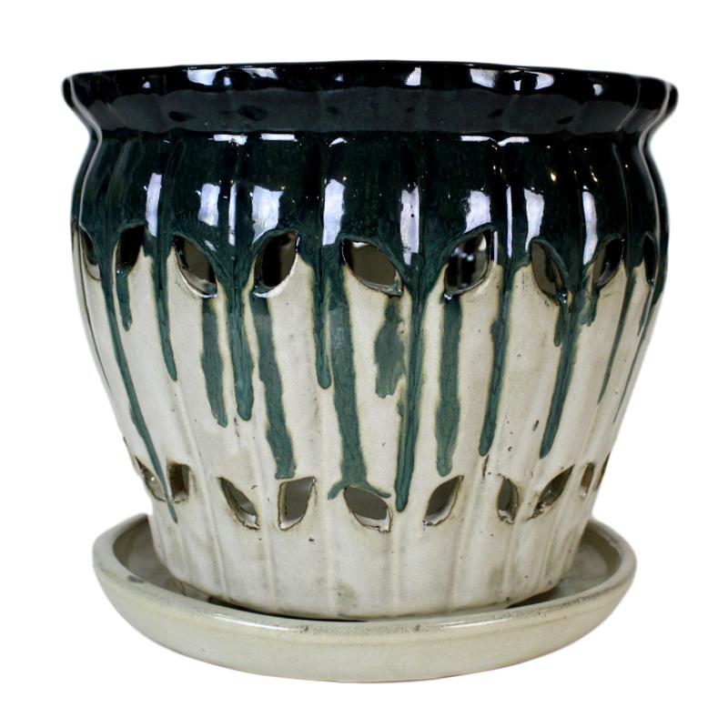 ceramic plant pot 10 inch 10" Emerald Over Cream Pinwheel Fluted Ceramic Planter