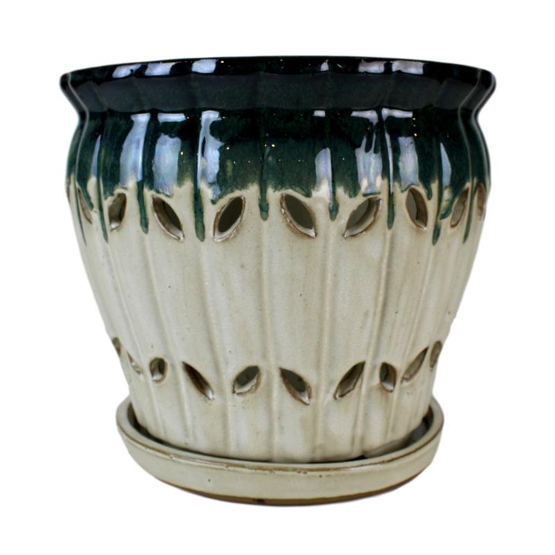 8 inch plant pot ceramic 8" Evergreen Emerald Over Cream Pinwheel Fluted Ceramic Planter
