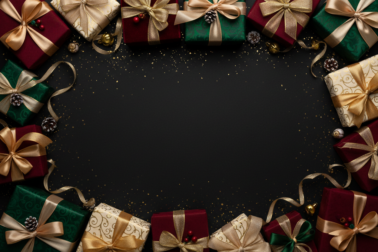 black background, gold flecks and presents on edges and top and bottom but not in middle