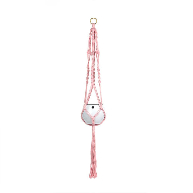 Macrame Hanger Self Watering Set - Rose Quartz + Designer White