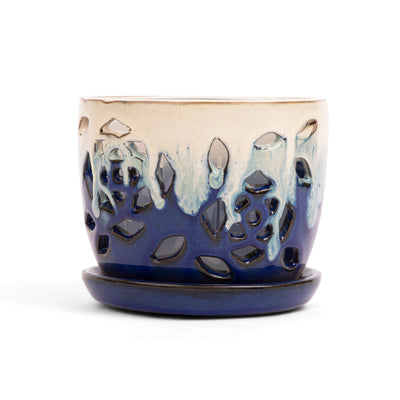 5" Sky Blue Over Cobalt Floral Cutout Orchid Pot