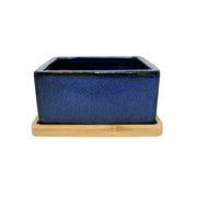 5" Midnight Blue Square Ceramic Succulent Pot With Decorative Bamboo Saucer