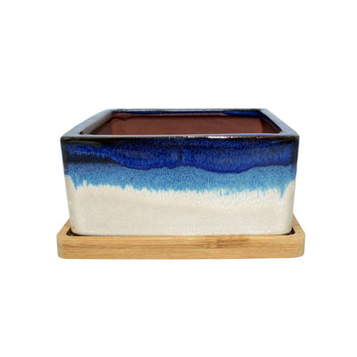 5" Cobalt Blue Over Cream Square Ceramic Succulent Pot With Decorative Bamboo Saucer