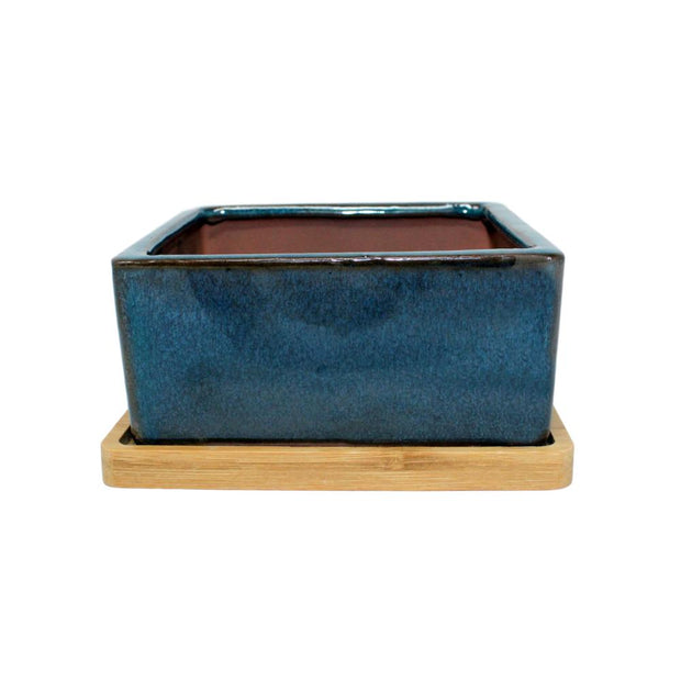 5" Teal Jade Square Ceramic Succulent Pot With Decorative Bamboo Saucer
