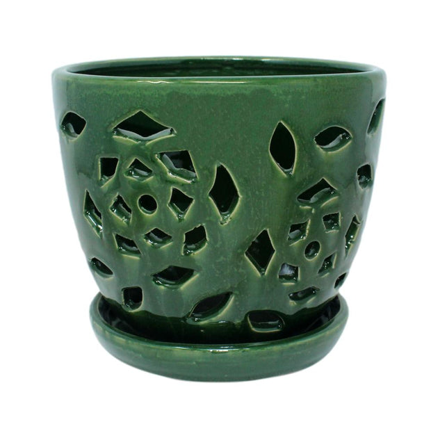 6" Emerald Green Floral Cutout Orchid Pot