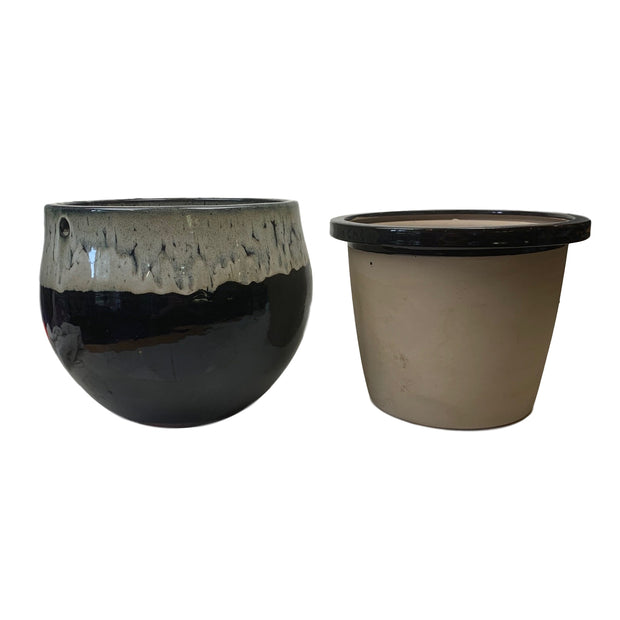 12" White Diamond Over Onyx Teardrop Self Watering Pot