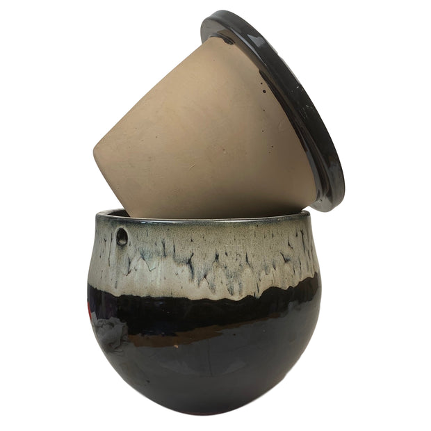 12" White Diamond Over Onyx Teardrop Self Watering Pot