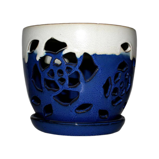 6" Sky Blue Over Cobalt Floral Cutout Orchid Pot