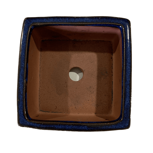 4" Midnight Blue Square Ceramic Succulent Pot With Decorative Bamboo Saucer