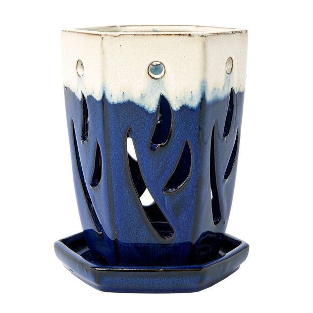4" x 6" Sky Blue Over Cobalt Fluted Hexagon Ceramic Orchid Pot