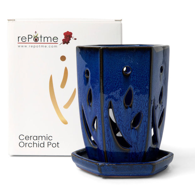 4" x 6" Midnight Blue Fluted Hexagon Ceramic Orchid Pot