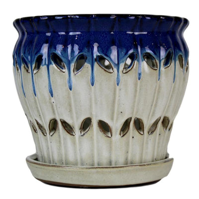 10" Cobalt Blue Over Cream Pinwheel Fluted Orchid Pot