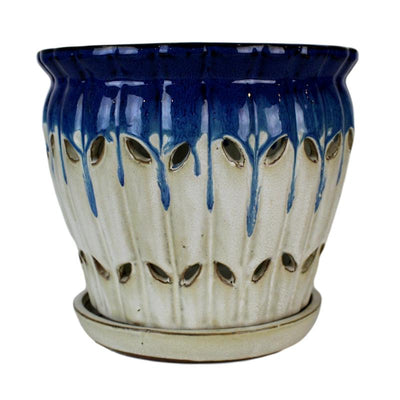 8" Cobalt Blue Over Cream Pinwheel Fluted Ceramic Planter