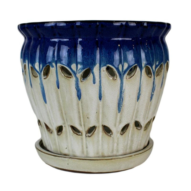 8" Cobalt Blue Over Cream Pinwheel Fluted Ceramic Planter