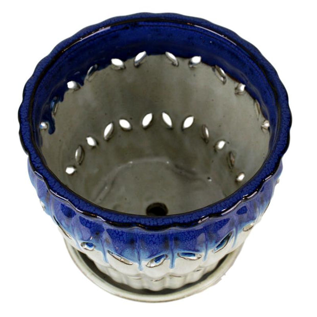 6" Cobalt Blue Over Cream Pinwheel Fluted Orchid Pot