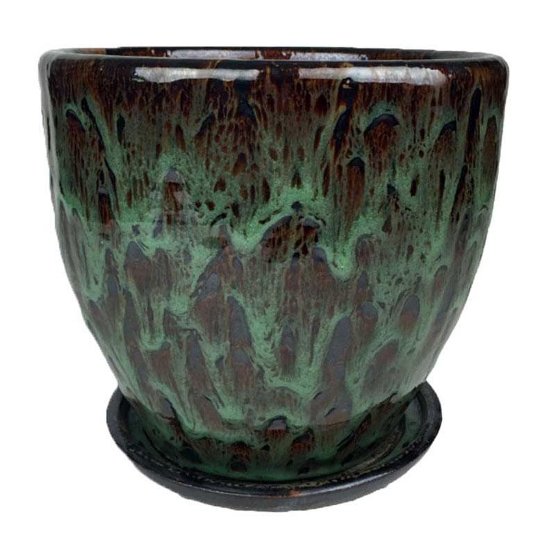 14" Jadeite Green Ceramic Volcano Pot and Detached Drip Tray