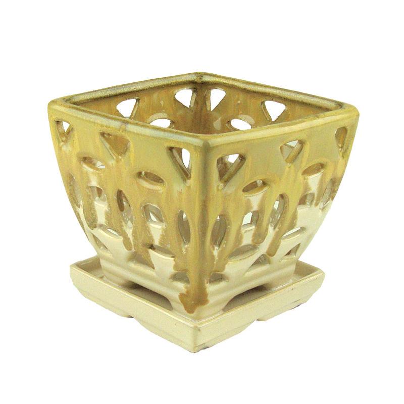 5" Cappuccino Over Creme Gloss Square Ceramic Orchid Pot