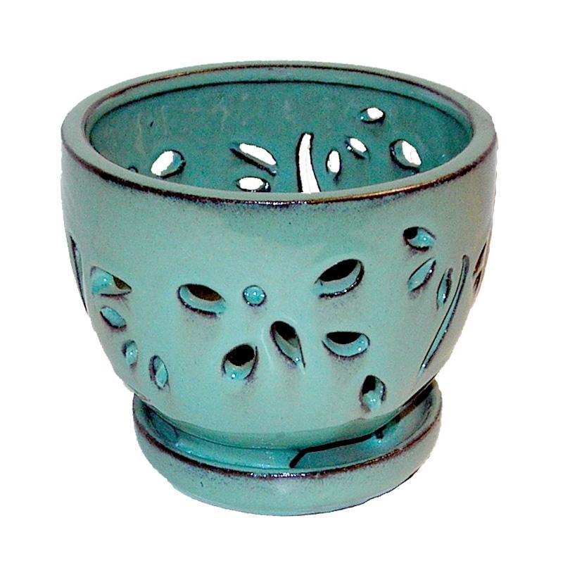 5" Aqua Contoured Round Ceramic Orchid Pot
