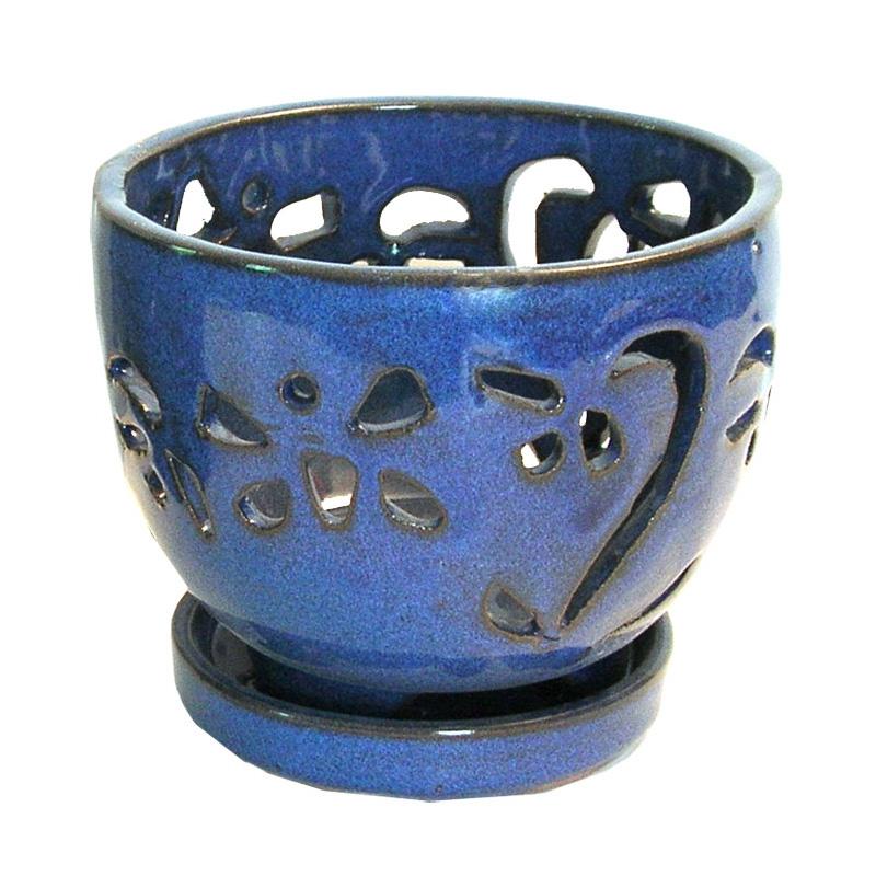 5" Bay Blue Contoured Round Ceramic Orchid Pot