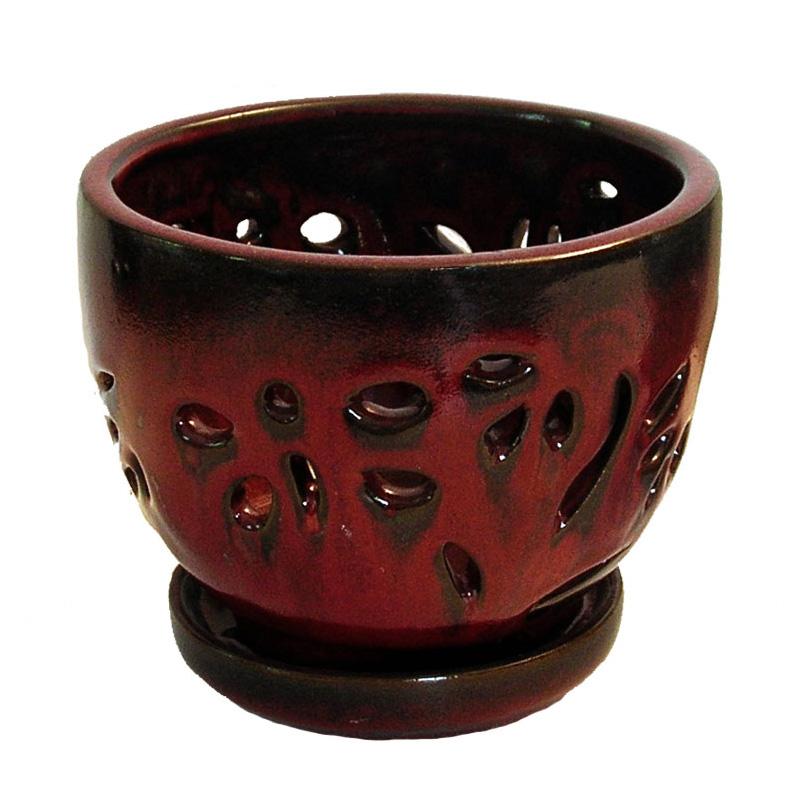 5" Parisian Red Contoured Round Ceramic Orchid Pot