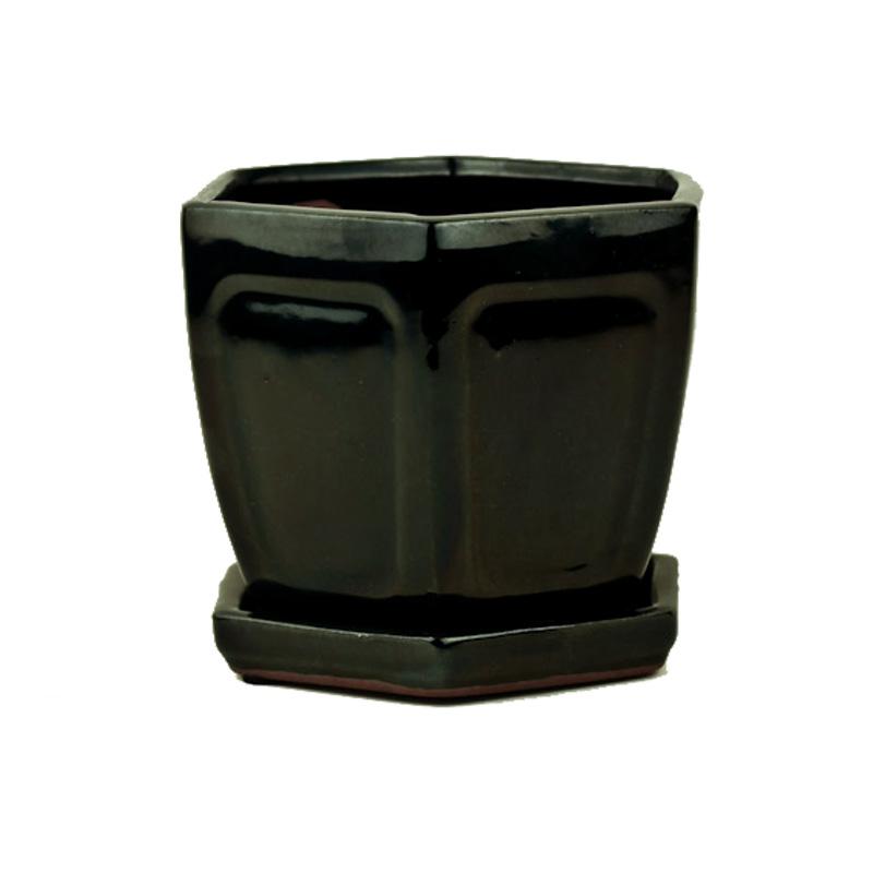 5" Solid Black Onyx Hexagon Ceramic Orchid Pot