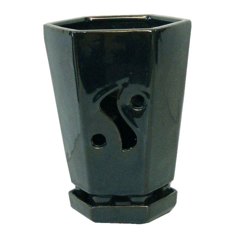 5" x 7.5" Tall Dark Teal Hexagon Ceramic Orchid Pot