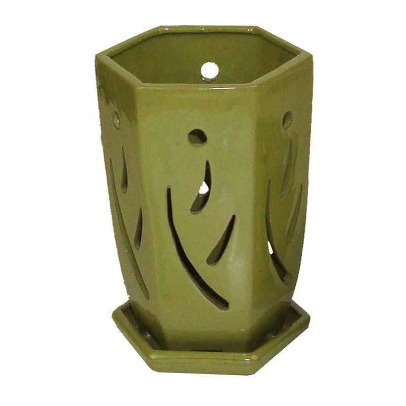 5" x 7.5" Tall Chartreuse Hexagon Ceramic Orchid Pot