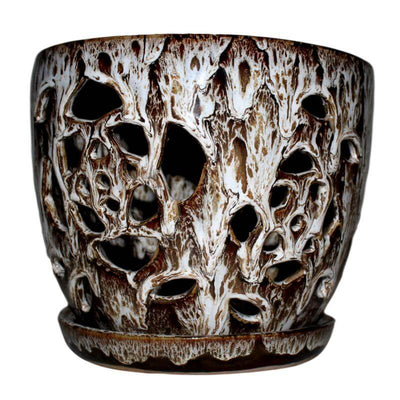 8" Creamy Chestnut Floral Cutout Orchid Pot