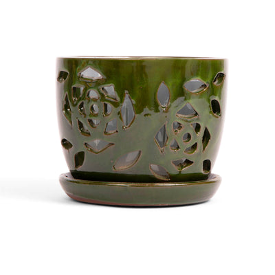 5" Emerald Green Floral Cutout Orchid Pot