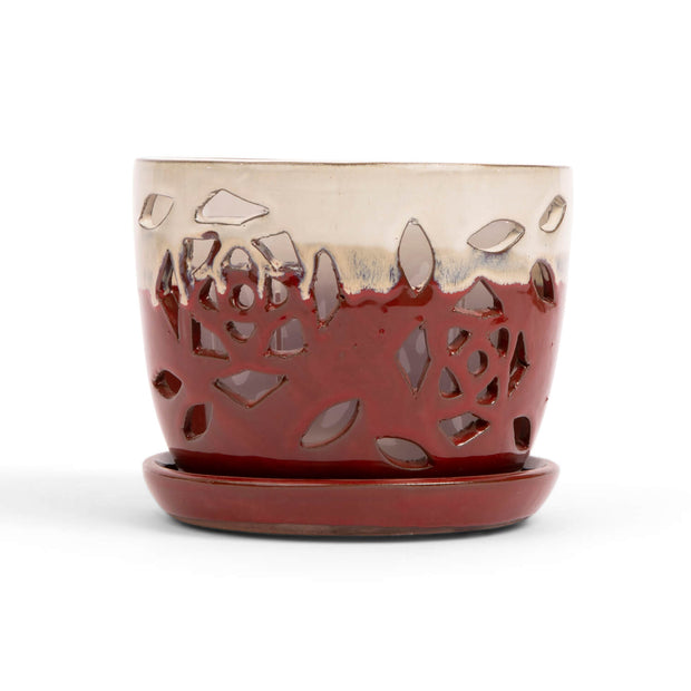 5" Cream Over Garnet Floral Cutout Orchid Pot