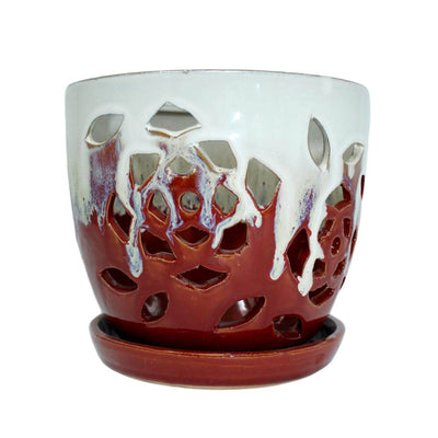 6" Cream Over Garnet Floral Cutout Orchid Pot