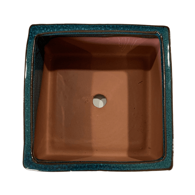 5" Teal Jade Square Ceramic Succulent Pot With Decorative Bamboo Saucer