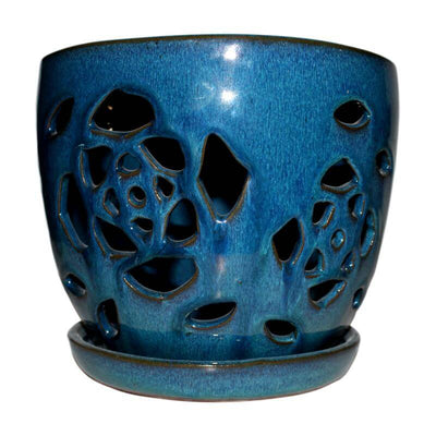 8" Teal Jade Floral Cutout Orchid Pot