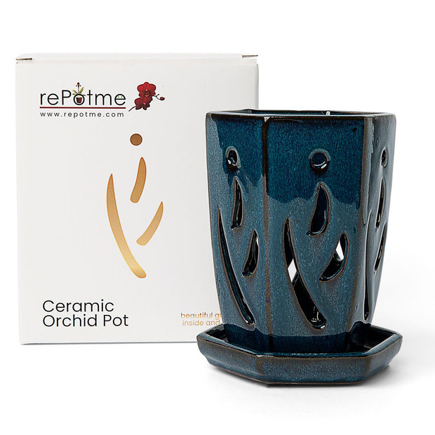 4" x 6" Teal Jade Fluted Hexagon Ceramic Orchid Pot