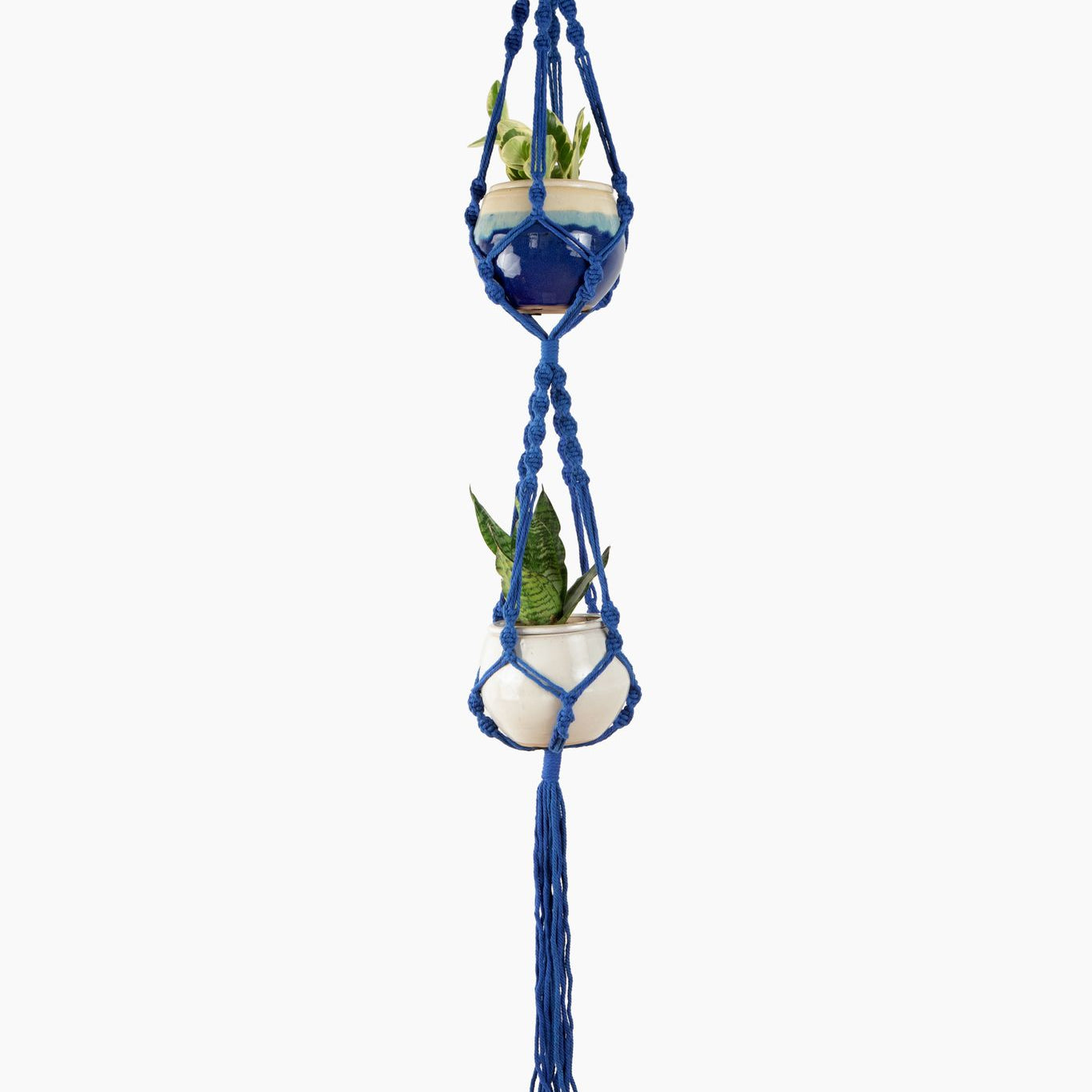 blue macrame plant hanger Deluxe Hand Woven Double Macrame Hanger