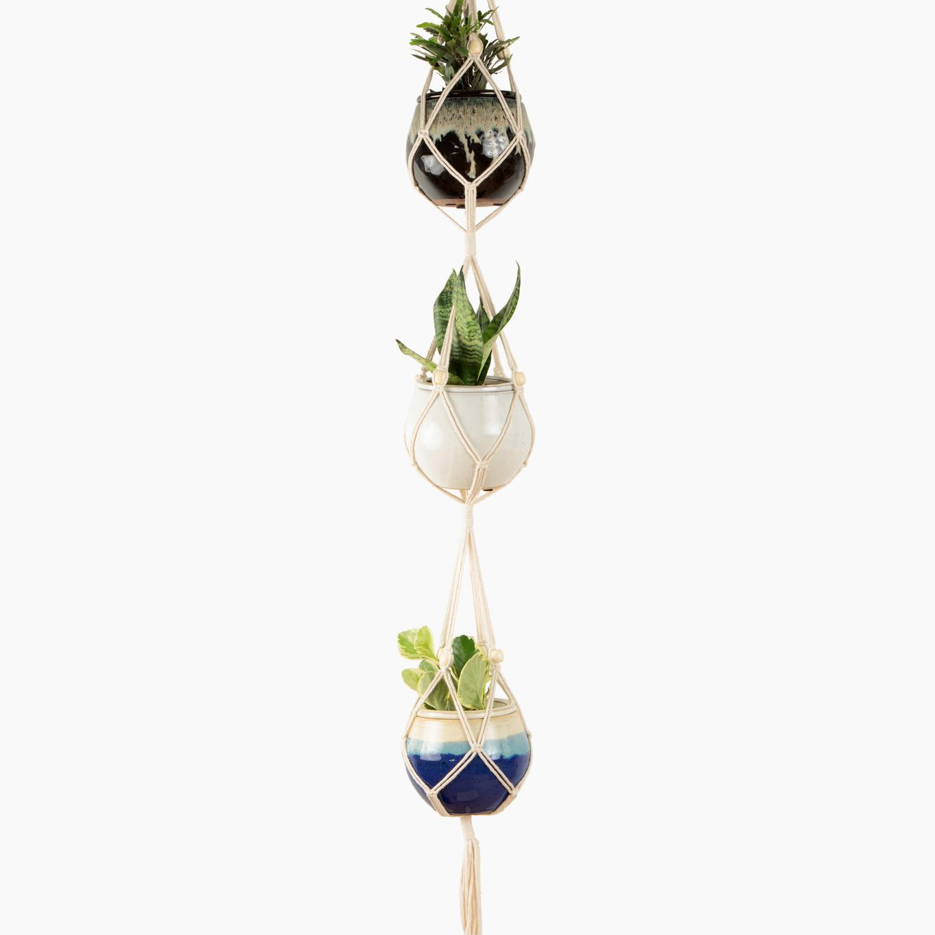 tiered macrame plant hanger Deluxe Hand Woven Triple Macrame Hanger