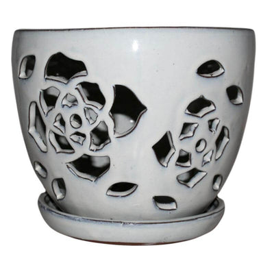 8" White Diamond Floral Cutout Orchid Pot