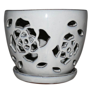 8" White Diamond Floral Cutout Ceramic Planter
